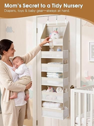 Criusia Over the Door Organizer, 6-Shelf Closet Hanging Storage with 13 Mesh Pockets, 55lbs Capacity Behind the Door Storage for Baby Nursery, Bathroom, Bedroom, and Dorm, Beige thumbnail 3