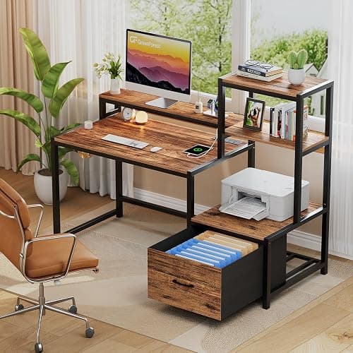GreenForest Computer Desk with Drawers and Monitor Stand, Home Office Desk with Storage Shelves, Small Gaming Desk with Power Outlets and LED Lights for Study Writing Working, 51 inch Walnut thumbnail 8
