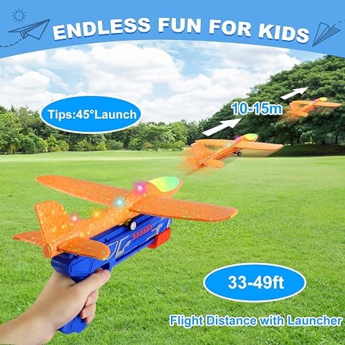 Fuwidvia 3 Pack Airplane Launcher Toys, 13.2'' LED Foam Glider Plane Toy for Boys, 2 Flight Modes Outdoor Flying Toys Birthday Gifts for Boys Girls 4 5 6 7 8 9 10 11 12 Year Old (Blue&Green&Orange) thumbnail 3