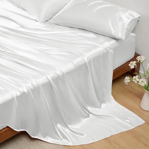 Bedsure White Satin Sheets Queen Size - 4 Piece Silky Bedsheets with 15 Inches Deep Pocket Fitted Bedsheet,1 Flat Sheet, 2 Satin Pillowcases, Good for Hair & Skin (Queen, White) thumbnail 5