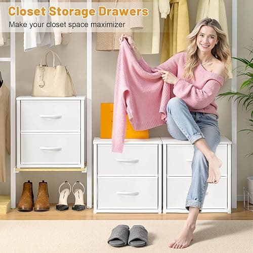 DAOUTIME 2-Pack Stackable Storage Drawers (4 Drawers Total), White Closet Organizer with Wooden Top & Metal Frame, Freestanding or Stackable Dresser for Bedroom, Living Room, Under Bed thumbnail 5