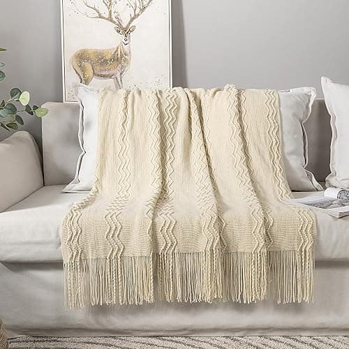 MIULEE Knitted Beige Throw Blanket Soft Sofa Knit Blanket for Couch 50 x 60 Inches, Solid Cozy Lightweight Wave Pattern Decorative Blankets with Tassels for Women, Kids thumbnail 5