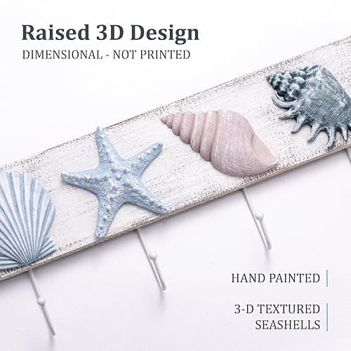 TideAndTales Beach Decor Seashell Wall Hooks Towel Rack for Bathroom, Bedroom or Kitchen | 4 Strong Hooks | Ocean Theme Beach House Decor thumbnail 6