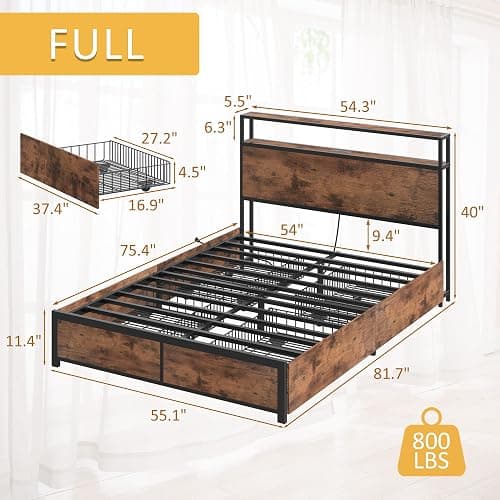 Lifezone Full Bed Frame with 2-Tier Storage Headboard, Metal Platform Bed Frame with 4 Storage Drawers, Built in Charging Station & LED, Noise-Free/Metal Support/No Box Spring Needed, Vintage Brown thumbnail 2