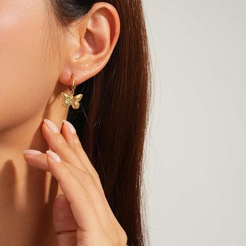 Sylph Hoop Earrings for Women, Dainty 14K Gold Plated Huggie Earrings with Charm Butterfly Drop Simple Hypoallergenic Titanium Steel Dangle Jewelry Gifts for Engagement Birthday Anniversary thumbnail 5