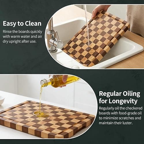 WILLKOMMEN Checkered Cutting Board Set, 3-Piece Wood Checkerboard End Grain Chopping Boards with Holder & Juice Groove Wooden Kitchen Cutting Board for Cooking and Serving (S, M, L) thumbnail 7