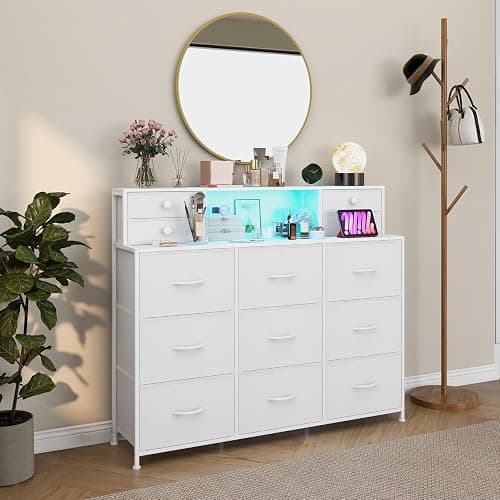 Welfuturer White Dressers for Bedroom with Power Outlets and LED Lights 13 Drawers Dresser Faux Leather Fabric Chest of Drawers for Bedroom Living Room Hallway Entryway Closets Sturdy Frame Wood Top - White thumbnail 2