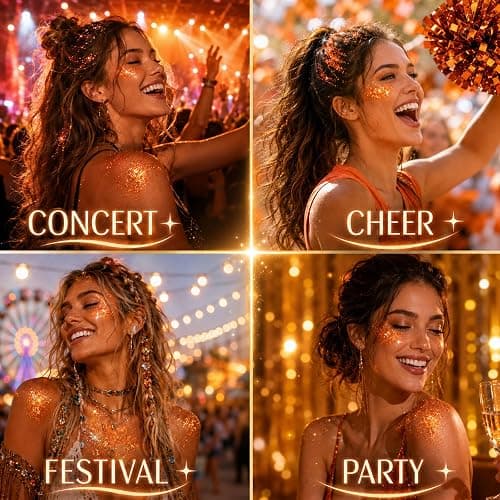 Paminify Orange Hair Glitter Stick,Cheer Orange Body Face Glitter Stick,Waterproof Singer Concert Outfits for Women,Mardi Gras Accessories,Halloween Chunky Glitter Cosplay Makeup Sequins thumbnail 4