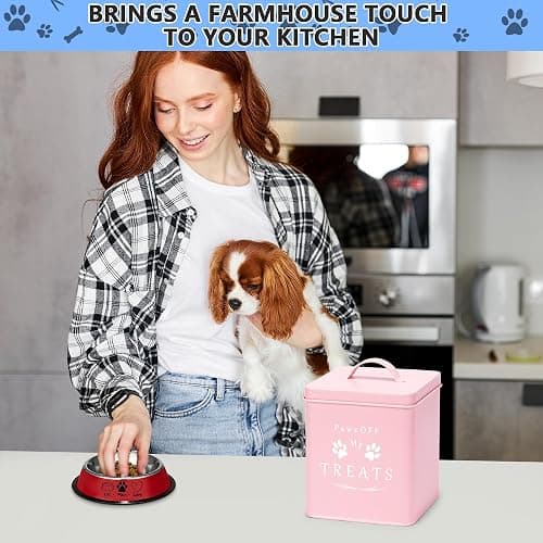 Meraki Home Small Dog Food Container and Dog Treats Container - Tight Lids - Feed Scoop and Pet Food Bowl - Farmhouse Metal Storage Bin - Matte Pink thumbnail 6