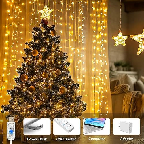 SINAMER Curtain Light for Bedroom, 200LED 6.6x6.6ft Warm White Window Wall Hanging Fairy Curtain String Light, 8 Modes Remote Fairy String Lights Indoor for Wedding Party Home Garden Decorations thumbnail 5