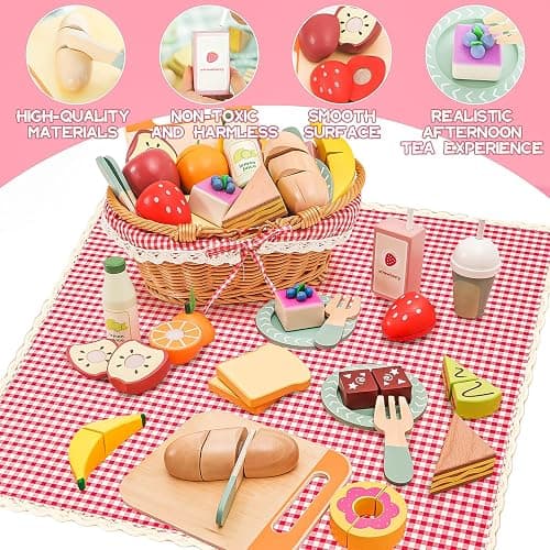 HAPGFS Wooden Picnic Basket Toy Set with Realistic Play Food - Kids Pretend Play Kitchen Accessories for Toddlers 3-8, Wood Play Food for Imaginative Tea Party & Outdoor Fun thumbnail 5