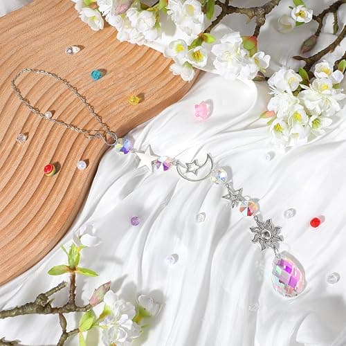 AOZUO Moon and Star Rear View Mirror Charm, Crystal Boho Car Hanging Decor Cute Suncatcher Healing Car Ornaments for Women Men thumbnail 5