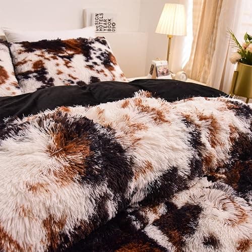 Aimuan Cow Print Duvet Cover Shaggy Fluffy Tie Dye Brown Black Velvet Bedding Cover Set Super Soft Faux Fur Fuzzy Comforter Cover with Pillowcases (Coffee-Black, Queen) thumbnail 7