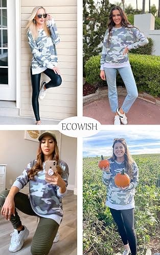 ECOWISH Women Side Split Sweatshirt: Fall Crewneck Long Sleeve Oversized Camo Shirts Casual Camouflage Print Pullover Tops thumbnail 6