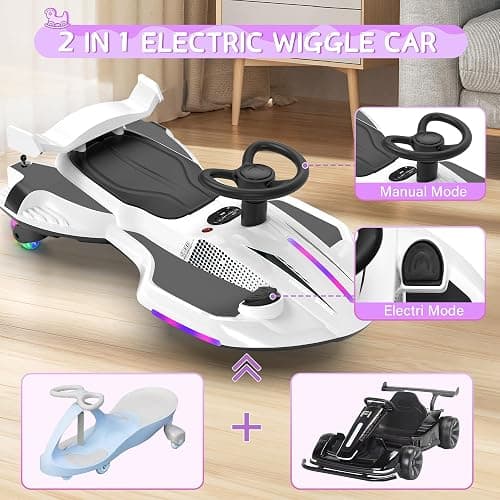 12V Electric Wiggle Car with Pedal for Kids, Rechargeable 2 in 1 Swing Car, Drifting Ride On Toys with Backrest, Anti-Rollover, Spray, Flashing Light, Music, for Ages 3 and Up, 150 Lbs (White) thumbnail 4