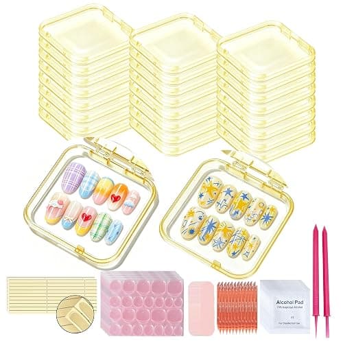 24PCS Press On Nail Packaging Case Yellow with 158Pcs Nail Tool Supplies | Press On Nail Box for Fake Nails with Nail Prep Kits,3x3in Nail Storage Cases Bulk for Nail Business,Art DIY - Image 1