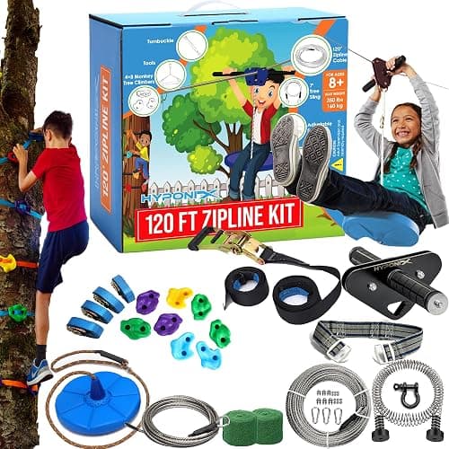 Zip Line Kit for Kids and Adults, 100/120/150/200ft, Up to 350 Lbs, Removable Trolley, Rustproof Stainless Steel, Quick Setup with Ratchet, Safety Harness, Backyard Adventure Fun W/Climbing Holds - Image 1