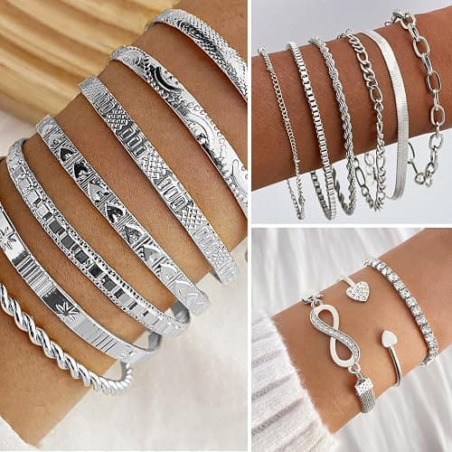 IFKM 36 PC Silver Plated Jewelry Set With 3 Necklace, 12 Bracelet, 7 Ear Cuffs Earring, 14 Knuckle Rings For Women Girls Valentine Anniversary Birthday Friendship Gift thumbnail 3