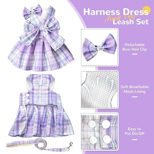 PETCARE Cute Dog Dress Clothes for Small Dogs Cats Girl Female Purple Plaid Bow Tie Dog Harness Dresses Leash Set with Pearls Bow Accessories Birthday Puppy Dress Shih Tzu Yorkies Chihuahua Outfits thumbnail 5