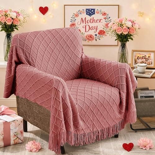 inhand Coral Pink Knitted Throw Blanket for Couch Bed, Mothers Day/Mom Birthday Gifts for Mom from Daughter Son, Soft Lightweight with Tassels, Farmhouse Warm Decorative Blanket for Women, 50"x60" thumbnail 7