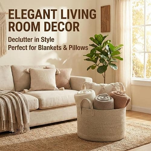 JMvicyroam 65L Extra Large Machine Washable Cotton Rope Blanket Basket | Collapsible Laundry Hamper, Reinforced Handles, For Blankets, Pillows, Toys and Clothes, Living Room and Bedroom, Oatmeal thumbnail 3