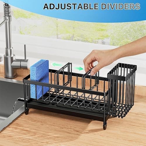 Cisily Sponge Holder for Kitchen Sink, Sink Caddy Organizer with High Brush Holder, Kitchen Countertop Organizers and Storage Essentials, Rustproof 304 Stainless Steel (Black, 9.25″) thumbnail 5