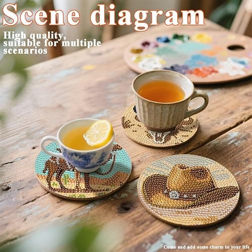 DOTSOPS 8 Pcs Cowboy Diamond Painting Coasters with Holder for Beginners | 5D Diamond Art Kits for Adults,Round Full Drill Gem Dots,Craft Arts DIY Supplies Party Home Decor 4 in thumbnail 7