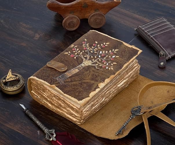 Tree of Life Leather Journal - Antique Handmade Deckle Edge Vintage Paper Leather Print Bound Journal - Book of Shadows Journal - Leather Sketchbook - Drawing Journal - Great Gift (7x5) thumbnail 5