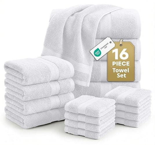 LANE LINEN Bath Towel Set 100% Cotton 16 Piece Soft Absorbent - White | Cotton Bath Towels, Soft & Durable, Ring-Spun, Ideal for the Home & Spa, with OEKO-TEX - Image 1