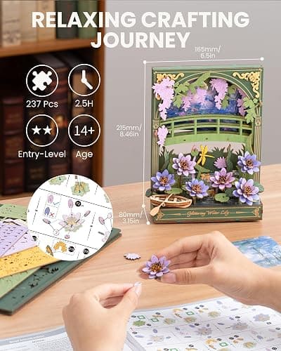 rowood Water Lily 3D Puzzle Building Set with LED,DIY Monet Wall Art Craft Kits for Adults,Home Decor Botanical Collection Gift on Christmas thumbnail 2