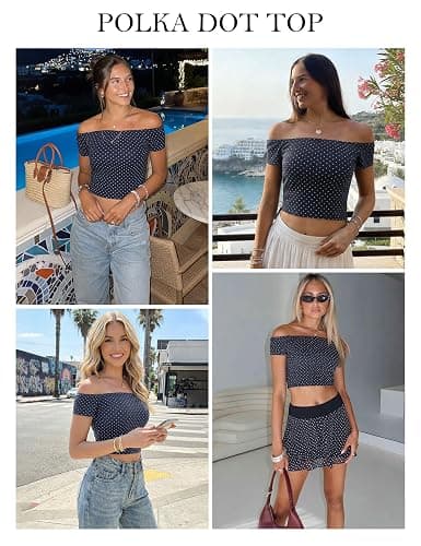 FOMELY Polka Dot Top Off The Shoulder Short Sleeve Crop Shirts Y2K Going Out Summer Blouse for Women 2026 thumbnail 5