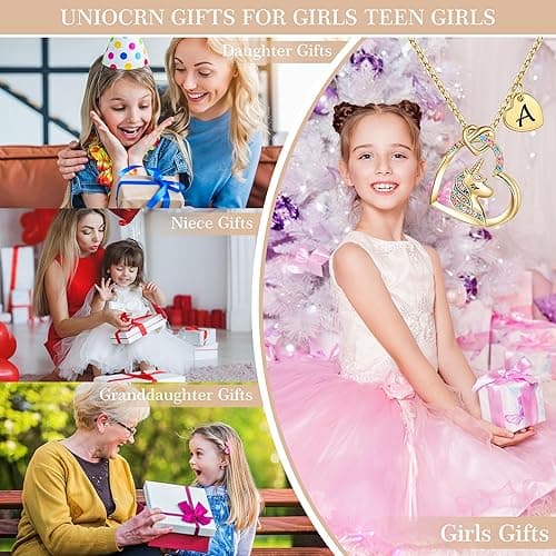 Hidepoo Unicorn Necklace Gifts for Girls - 14K Gold/Rose Gold/White Gold Plated Colorful CZ Heart Unicorn Necklace Little Girls Jewelry Initial Unicorn Necklace Birthday Gifts Unicorn Gifts for Girls - A. - Gold thumbnail 3
