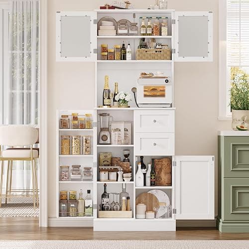 BOTLOG 72" Tall Kitchen Pantry Storage Cabinet with 4-Tier Door Shelves | Kitchen Hutch Cabinet with 2 Drawers, Frosted Glass Door for Dining Room, Modern White, Space-saving, apartment, small room thumbnail 2