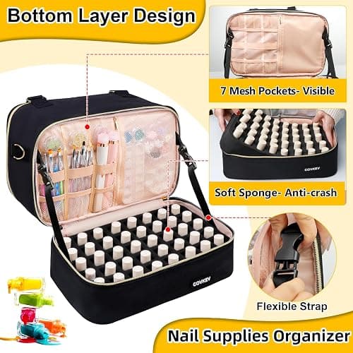 Covkev Nail Polish Organizer Hold 80 Bottles (15ml/0.5 fl.oz)& Nail Lamp, Double Layer Nail Bag Organizer Case with Handle, Large Nail Supplies& Kit Storage Case for Women Travel (Black& Golden) thumbnail 4