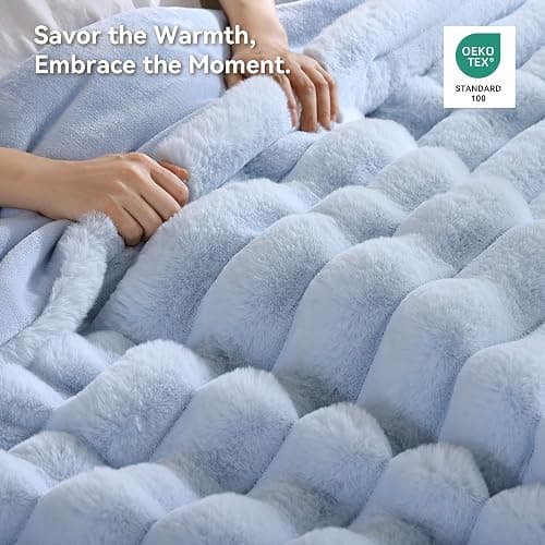 Smoofy Light Blue Fluffy Faux Rabbit Fur Striped Blanket 60"x80", 870GSM | Super Soft & Cozy Comfort Blanket, Luxury Fuzzy Fleece Throw, Perfect Home Decor For Sofa & Couch, Great Gift for Women thumbnail 4