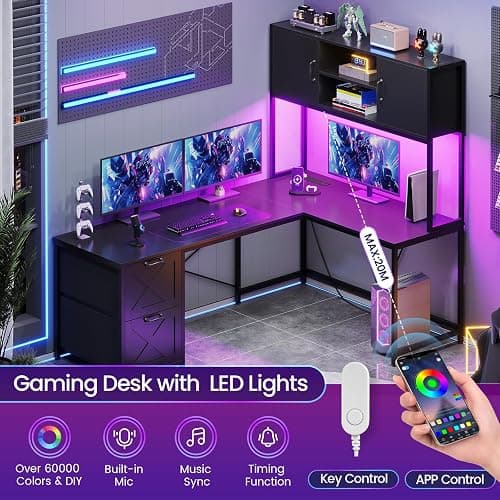 SEDETA Reversible L Shaped Corner Gaming Desk with Drawers, Led Lights | Corner Computer Desk with Fabric Drawers, Power Outlet, Hutch and Storage Shelf for Home Office, Black thumbnail 4