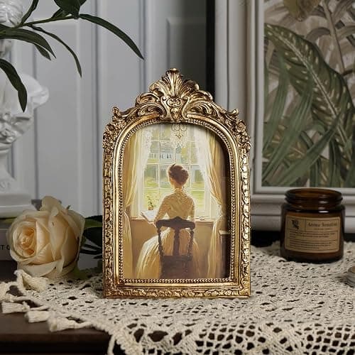 Cuspin Vintage 4x6 Picture Frame, Gold Ornate Resin Frames with Plexiglass Front for Tabletop and Wall Mounting, Antique Arched Photo Frame for Home Office Decor thumbnail 8