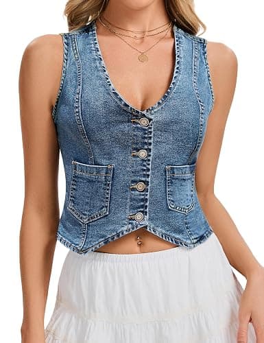 Genhoo Denim Vest Sleeveless Jean Vest Top for Women V Neck Button Down Cropped Denim Top with Pockets - Image 1