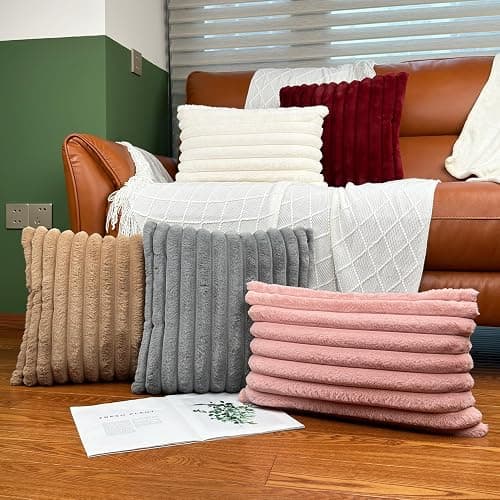 18x18 Throw Pillow Covers Set of 2, Decorative Faux Fur Covers for Bed, Couch Soft Fluffy Pillow Cover with Velvet Back for Living Room, Neutral Home Décor Accent for Sofa - Pink - Pink - 18" x 18" (Pack of 2) thumbnail 6
