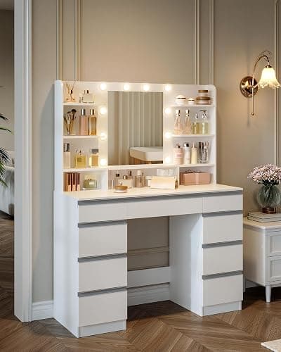 Hzuaneri Dressing Table with Bulb Light, Vanity Desk with 1 Large Drawer and 8 Small Drawer Cabinets, Adjustable Brightness, Large HD Mirror, 9 Open Storage Areas, White DT35703W thumbnail 8