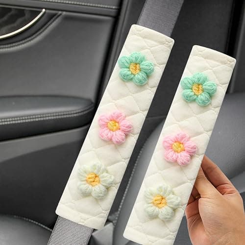 Amooca Soft Auto Seat Belt Cover Seatbelt Shoulder Pad Cushions 2 PCS for a More Comfortable Driving Universal Fit for All Cars and Backpack Off-White Knitted Flower (Green & Pink) thumbnail 3