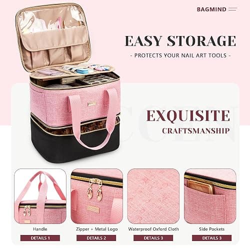 BAGMIND Nail Polish Organizer, Double Layer Nail Organizer and Storage Box Holds 42 Bottles & Nail Tech Kit Supplies, Large Capacity Nail Polish Organizer Case Carrying Bag thumbnail 2
