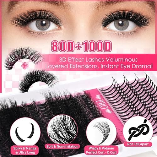 PROLASHBEAUTY Lash Clusters with Spikes Lash Clusters Kit 3D Style Individual Lashes Kit with Bond and Seal Lash Tweezers Remover Easy to Apply at Home (80D+100D-D-10-18mix) thumbnail 3