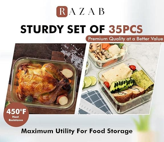 Razab 35 Pc Set Glass Food Storage Containers with Lids - Meal Prep Airtight Bento Boxes BPA-Free 100% Leak Proof (15 lids,15 glass & 5 Plastic Sauce/Dip Containers) thumbnail 6