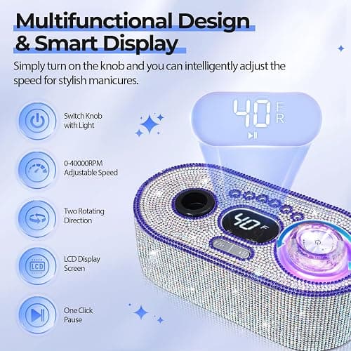 JOSGLOI Electric Nail Drill Professional: Shiny 40000RPM Electric Nail File Kit E File Nail Drill Machine with LCD Display for Acrylic Gel, Manicure Pedicure Polishing Grinder for Salon Home, Diamond thumbnail 4