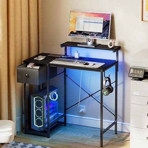 X-cosrack 33.5" Small Gaming Desk with LED Lights & Power Outlets, Drawers | Computer Desk with Fabric Drawer & Side Hook, Reversible Table with Monitor Stand for Game Room, Bedroom, Carbon Fiber Black thumbnail 2