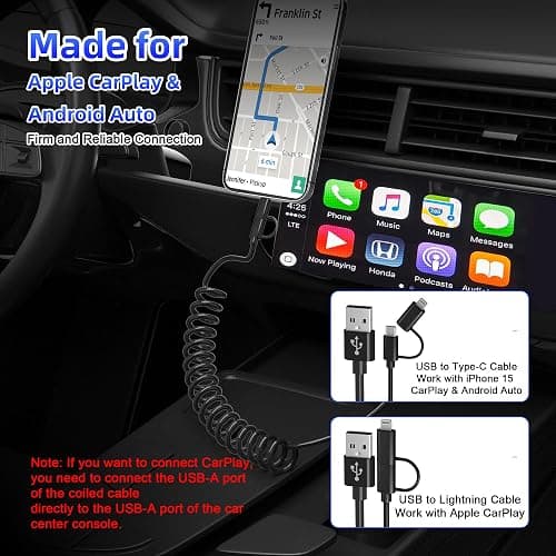 USB to USB-C and Lightning Cable Combo 2 in 1 Coiled Cable Ap ple Carplay & Android Auto Compatible[MFi & 3A Fast Charge & Data Sync] Coiled Lightning and USB C Cable for iPhone 15/14/13/12/Android thumbnail 2