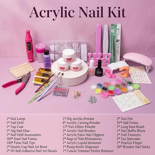 Professional Nail Kit for Beginners with Everything Acrylic Nails Kit with UV Light, Nail Drill, Acrylic Carved powder Glitter Powder, Art Stickers Decor Home Salon Tools for Women Thoughtful Gift thumbnail 2