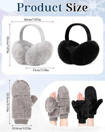 Jeere 4 Pack Winter Faux Fur Ear Muffs and Flip Mittens Set for Women Fingerless Gloves Fuzzy Ear Warmers Muffs Cover Outdoor thumbnail 2
