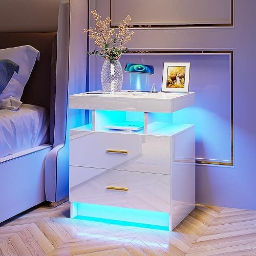 HNEBC Auto LED Nightstand with Wireless Charging Station & USB Ports,High Gloss Bedside Tables with 2 Drawers,Floating Nightstand with 3 Color & Adjustable Brightness for Bedroom,White - Image 1
